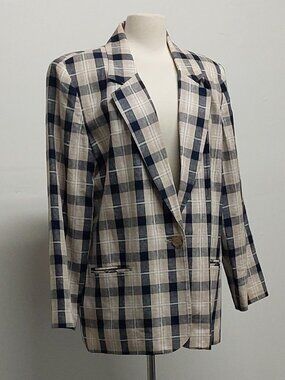 [VTG] 80’s Requirements Tan & Navy Single-Button Linen-Blend Blazer Size: 18
